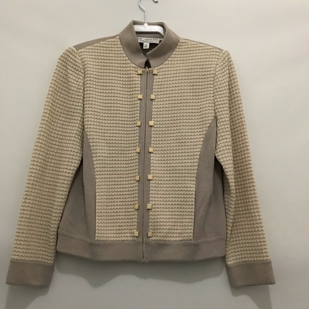 St. John Collection Beige Knit Bomber Jacket Size 4